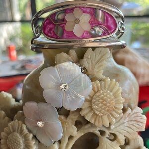 Mother of Pearl Silver Pink Floral Cuff Bracelet with earrings